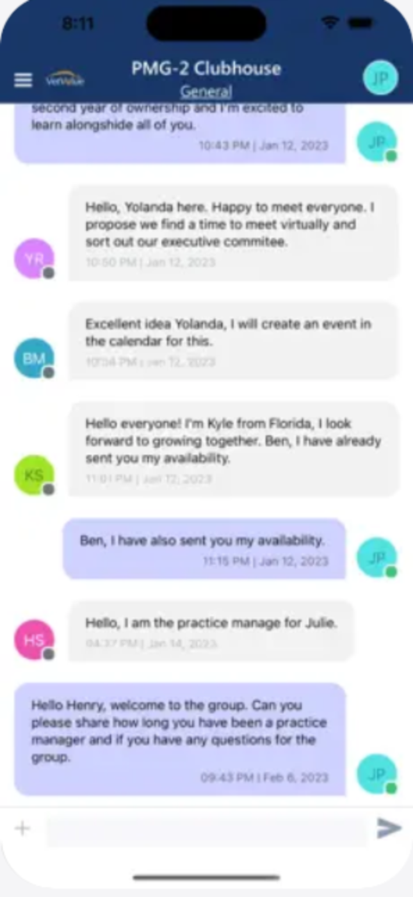 A PMG Clubhouse group conversation in the EcoSystem app