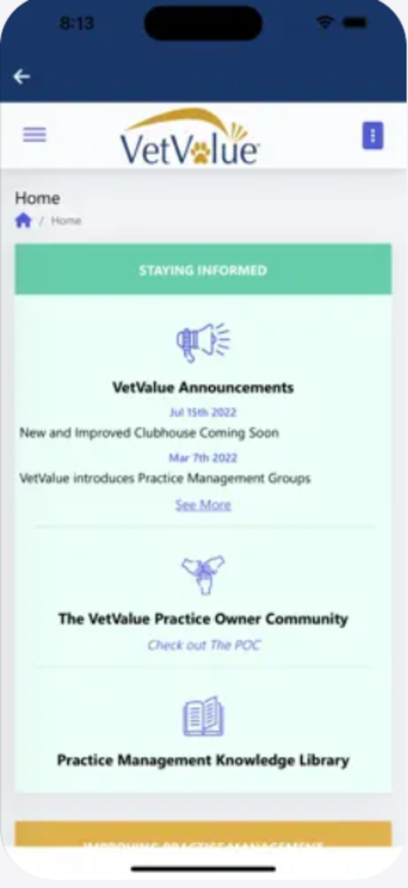 The EcoSystem app home screen showing announcements, The POC, and the Practice Management Knowledge Library
