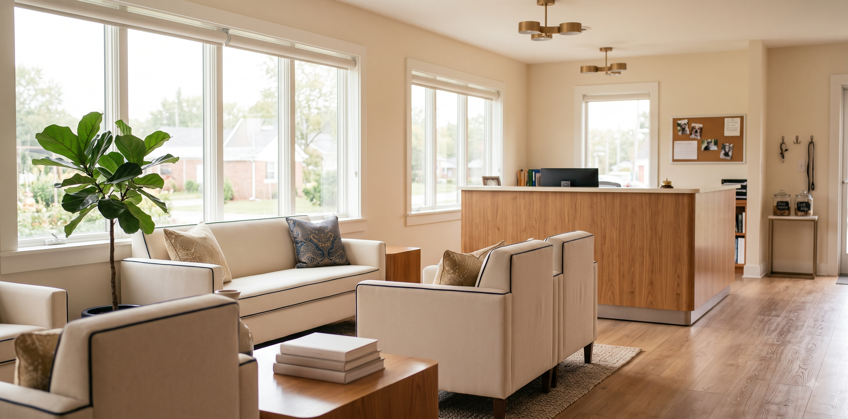 Sunlit veterinary practice lobby with seating and a reception desk